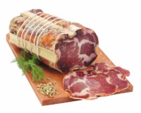 italian sausage with sliced on wooden board